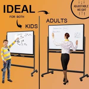 Miniatura 2 de Pizarra blanca grande móvil de borrado en seco, 48 x 32 pulgadas, pizarra blanca de doble cara con ajuste de altura, soporte rodante con marco de