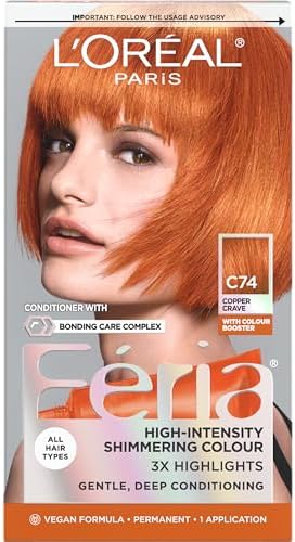 L'Oreal Paris Feria Multi-Faceted Shimmering Permanent Hair Color, C74 Copper Crave (Intense Copper), Pack of 1 Hair Dye Kit