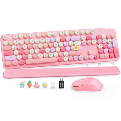 Image of Wireless Keyboard and Mouse Combo, Cute Retro Typewriter Keyboard with Round Keycaps, Full-Size Aesthetic Keyboard with Magnetic Wrist Rest, 2.4GHz USB for Windows /Mac Desktop Laptop(Pink Multi-Color)