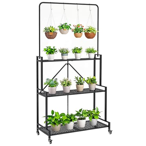 Outsunny Support pour Plantes à 3 Niveaux avec Roulettes, Étagère à Fleurs Pliable en Métal avec 4 Crochets, Intérieur et Extérieur, Étagère de Plantes pour...