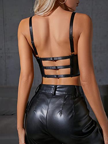 SHENHE Women's PU Leather Underwired Bra Contrast Mesh Hollow Out Longline Bra2