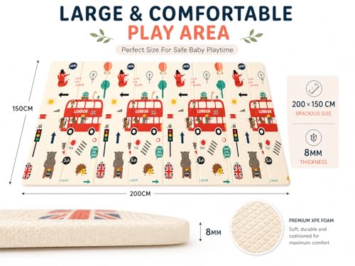 Image of WENGTY BPA Free Extra Large Big Size Non Slip Reversible Bus & Road Print Baby Play Mat for Learning & Crawling,Foldable Foam Floor Mats for Toddlers Kids Play Room (200X150CM 8MM Thickness)