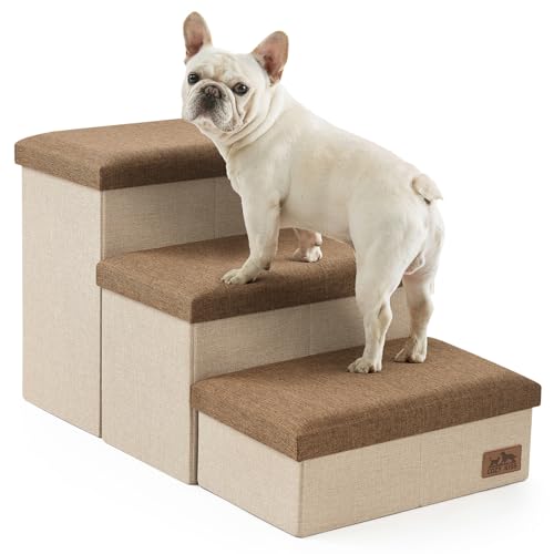 Image of Dog Stairs with Storage, 3-Step Wider Sturdy Dog Steps for Small /Medium /Large Dogs and Older Cats, Folding Doggie Ramp for Bed /Couch /Car Hold Up to 180 lbs (16.7 inch H, Brown)