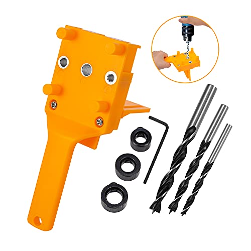 Broadfashion Handheld Dowel Jig Kit Woodworking Dowel Jig Kit with Dowel Pins and Drill Bits 6/8/10 mm Yellow Eight-Piece Dowel Joints Drilling Guide Tools
