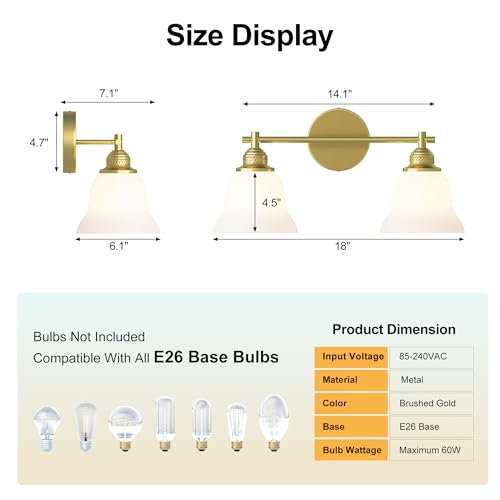 Image of Bathroom Light Fixture, 2-Light Vanity Wall Sconce with Glass Shades, Gold Finish, Light Fixtures Over Mirror for Bathroom, Bedroom, Living Room, Hallway, 18inch