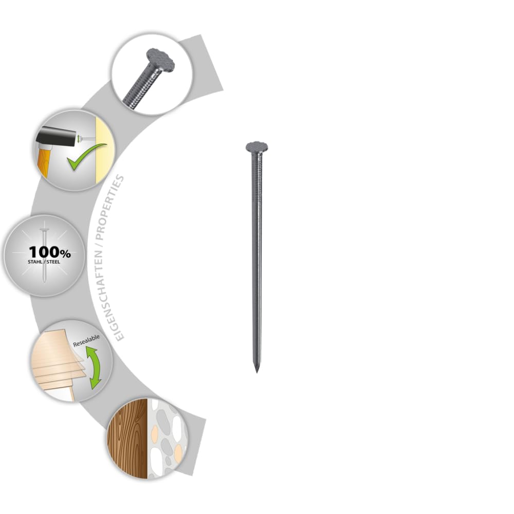 Thread Nails 2,2x50 mm with countersunk Head for Simple Wood Joints and Flat Surfaces, Plain Steel, 30 pcs. in resealable and Environmentally Friendly Paper Packaging, 063600156