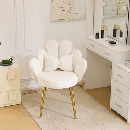 LEADZM Sessel Wohnzimmer, Schminktisch Stuhl Armlehnensessel Loungesessel Relaxsessel Lesesessel Akzentsessel Einzelsofa Schlafzimmer, mit Samtbezug Metallbeinen (Petal Rückenlehne, Weiß)