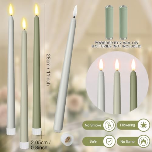 Image of Macarrie 24 Packs Flameless Taper Candles Battery LED 11 inch,Sage Green | Fake Candlelight Flameless Candlesticks Flickering Tapered for Weddings, Parties, Decor, Summer Fall Event