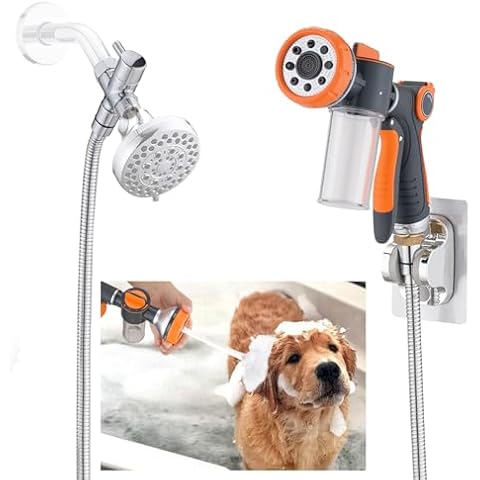 Dog 8.2ft Pup Shampoo Dispenser Jet Attachment to Shower Head Washing, 8-Setting High Pressure Pet Wash Cleaning Sprayer Bath for Bathtub Station, Adhesive Shower Holder, Indoor Cover