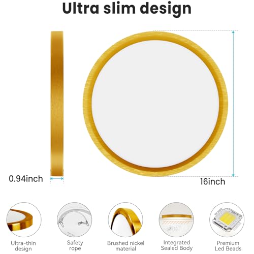 Image of libtit 16Inch Flush Mount LED Ceiling Light Fixture, 3000K 4000K 6500K Adjustable, 36W 3600lm Gold Satin Round Ceiling Lamp for Bathroom Shower Hallway Kitchen, 2 Pack
