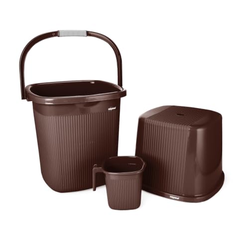 Image of Nayasa Rimmy Strong Plastic Bucket, Mug and Stool Set (3pc Set)| Bathroom Set | (Dark Brown, 18 Liter Bucket, 1.5ltr Mug, a Stool)
