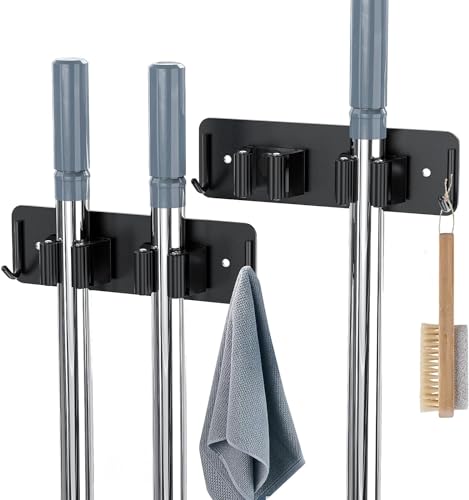 Image of Enclave Stainless Steel Mop and Broom Holder Wall Mounted Adhesive Storage Solutions for Broom mop etc, Garage Storage Systems Broom Organizer. (2 RACK 1 HOOK /BLACK, PACK OF 6)