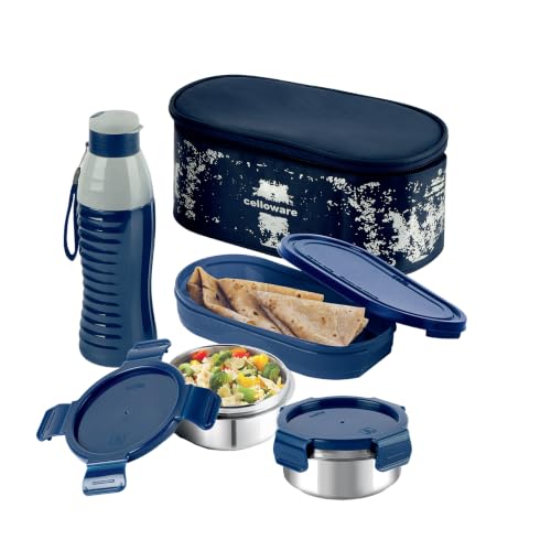 Image of CELLO Gemini Lunch Box Gift Set of 3 Pieces with Bag for Office Use, Blue | 300ml x 2 Steel Round Containers, 500ml x 1 Oval Container with 600 ml Water Bottle, Leak Proof Tiffin Set for School Travel