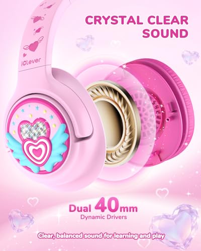 Image of iClever C371 Kids Headphones with Cord for School Boys Girls Travel Gift | SafeSound Tech3.0, Stereo Sound, 3.5mm Jack, Foldable, Durable Headband, Safe Wired Headphones for Kids, Macaron Pink