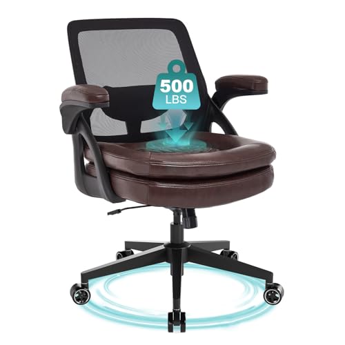 Image of Big and Tall Office Chair, 500lbs Mesh Heavy Duty Ergonomic Desk Chair with Flip-up Armrests, Plus Size Wide Seat in PU Leather, 360 Swivel Computer Executive Task Chair for Home Office (Brown)