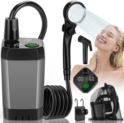 vignuto Portable Shower for Camping, Rechargeable Camping Shower Pump with LED Display of Battery Level and Temperature, Lasting-150 Mins, Suitable for Outdoor Shower, Pet Bath, Car Washing