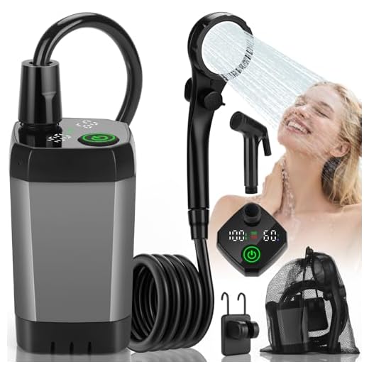vignuto Portable Shower for Camping, Rechargeable Camping Shower Pump with LED Display of Battery Level and Temperature, Lasting-150 Mins, Suitable for Outdoor Shower, Pet Bath, Car Washing