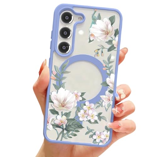 Image of VONZEE Compatible with Samsung Galaxy S25 FE 5G Case Luxury Retro Flowers Floral Clear for Magnetic Wireless Charging Case Shockproof PC+TPU Cute Glossy Shiny Cover for Girls Women, Off Blue