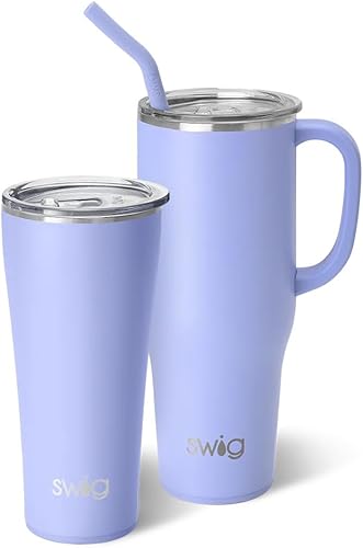 Swig Life Hydrangea Mega Set - Taza de viaje de 40 onzas con asa y tapa + vaso con triple aislamiento de 32 onzas con tapa, acero inoxidable, apto