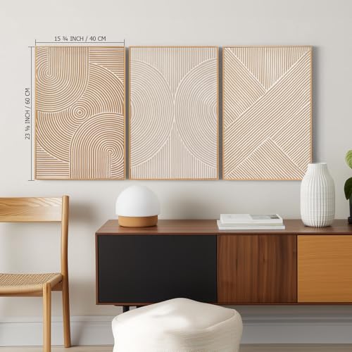 Image of Zessonic Neutral Minimalist Textured 3D Wall Art Abstract Hand-Painted Framed Wall Decor Geometric Artwork Canvas Paintings- Living Room Bedroom Office - Modern Boho Neutral Line 16 inchx24 inch 3 piece