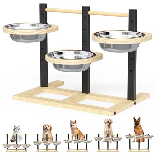 Yapasopu Ciotola per cani rialzata per cani, 5 ciotole per cani regolabili in altezza con 3 ciotole in acciaio inossidabile da 1400 ml e ciotole per cani rialzate in legno con supporto per mangiatoia
