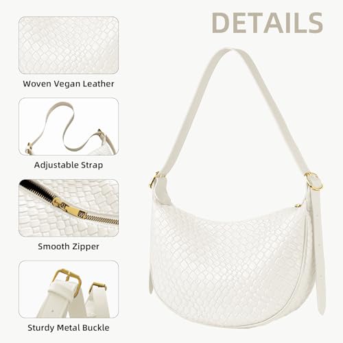 Image of Crescent Crossbody Bags for Women Small Shoulder Bag Woven Hobo Handbag Trendy Vegan Leather Purse with Adjustable Strap White