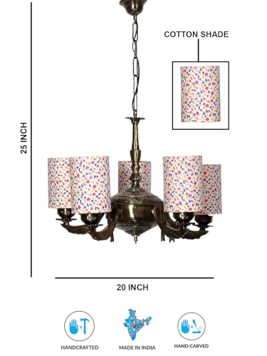 Image of Devansh 05-Light Round Printed Multicolor Cotton Shade Chandelier - Antique Golden Finish | Adjustable Cord | Warm Glow Lamp - Ceiling Light for Living Room, Dining Area, BedroomDecor - D18