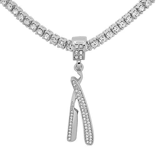 White Gold-Tone Bling Hip Hop Simulated Crystal Straight Razor Blade Pendant with 16"