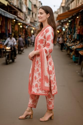 Image of Yashika Women's Cotton Blend Printed Kurta with Pant & Dupatta| Kurta with Pants and Dupatta Set