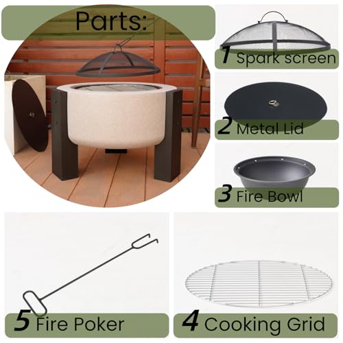Image of Wood Burning Concrete Outdoor Fire Pit,Heat Resistant MGO Ceramic Material Base with BBQ Grill Firepit for Patio Garden,Backyard Barbecue,Outdoor Gatherings (Grey 3)