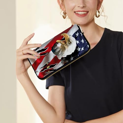 Image of Women's Wallets,Credit Card Holder Money Leather Long Wallet with Wristlet,Large Capacity with Zip-Around Phone Purse for Women Ladies Girls,USA Flag Eagle