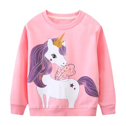 Baogaier Felpa per Bambina, Crewneck Unicorno Rosa Lucido Stampato Pullover, Senza Cappuccio Felpe Maglione Cotone Manica Lunga Maglietta Casual Top, Vestiti Bambine e Ragazze Sweatshirt 5-6 Anni