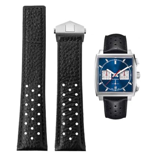 FOUUA Correa de Reloj de 22mm para TAG Heuer Leather Correa de Reloj de Cuero Genuino con Correa Negra azul Para la Serie TAG Heuer Carrera Aquarace Monaco