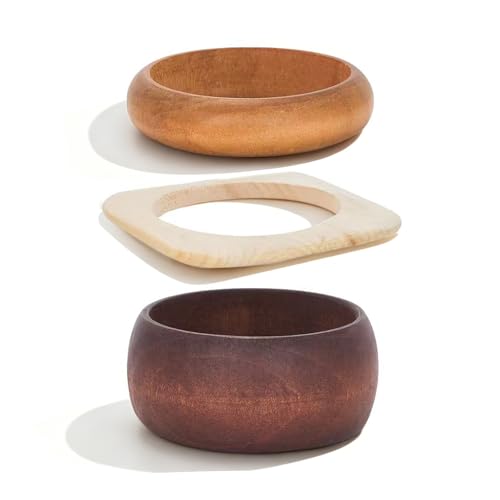 Hclian 3 Pcs Natural Wood Bangle Bracelet for Women Boho Chunky Stackable Wooden Bangles Set Wide Irregular Geometric Bangles Stack Jewelry Gift