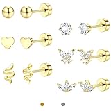 6 Pairs 20G Small Flat Back Stud Earrings for Women Men, Hypoallergenic 14K Gold Plated CZ Cartilage Earrings for Multiple Piercing Helix Conch Tragus Jewelry for Sensitive Ears