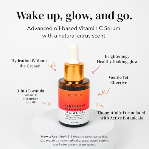 Kerala Rituals Ayurvedic Vitamin C Face Oil with Rosehip Oil, Bakuchiol, Ashwagandha, and Squalane, Hydrating, Brightening, and Repairing Serum for Dark Spots, Fine Lines, and Wrinkles, Clean Luxury Skincare