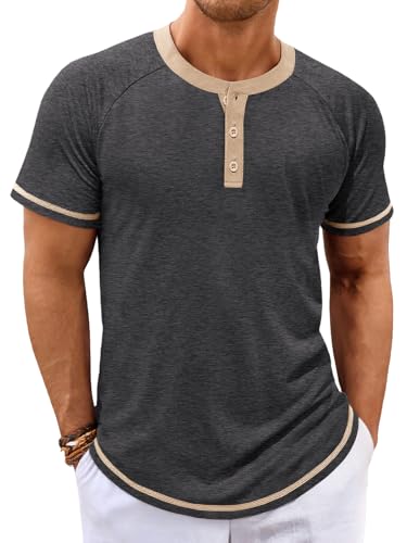 Makkrom Mens Henley Shirts Short Sleeve Casual Summer Basic T Shirts Button Vintage Lightweight Tee Tops Dark Grey
