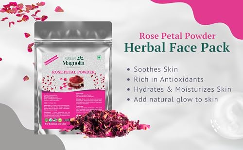 Image of Green Magnolia Pure & Natural Rose Petal Powder for Face & Skin No Chemicals No Artificial Color Ideal For Skin Refreshing Cleansing & Glow (200gm)