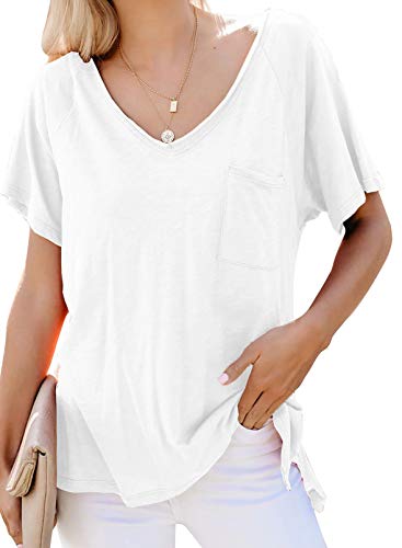 Biucly Women's Short Sleeve V-Neck Shirts Loose Casual Summer Solid Color Tee T-Shirt with Pocket for Women(White, XX-Large)
