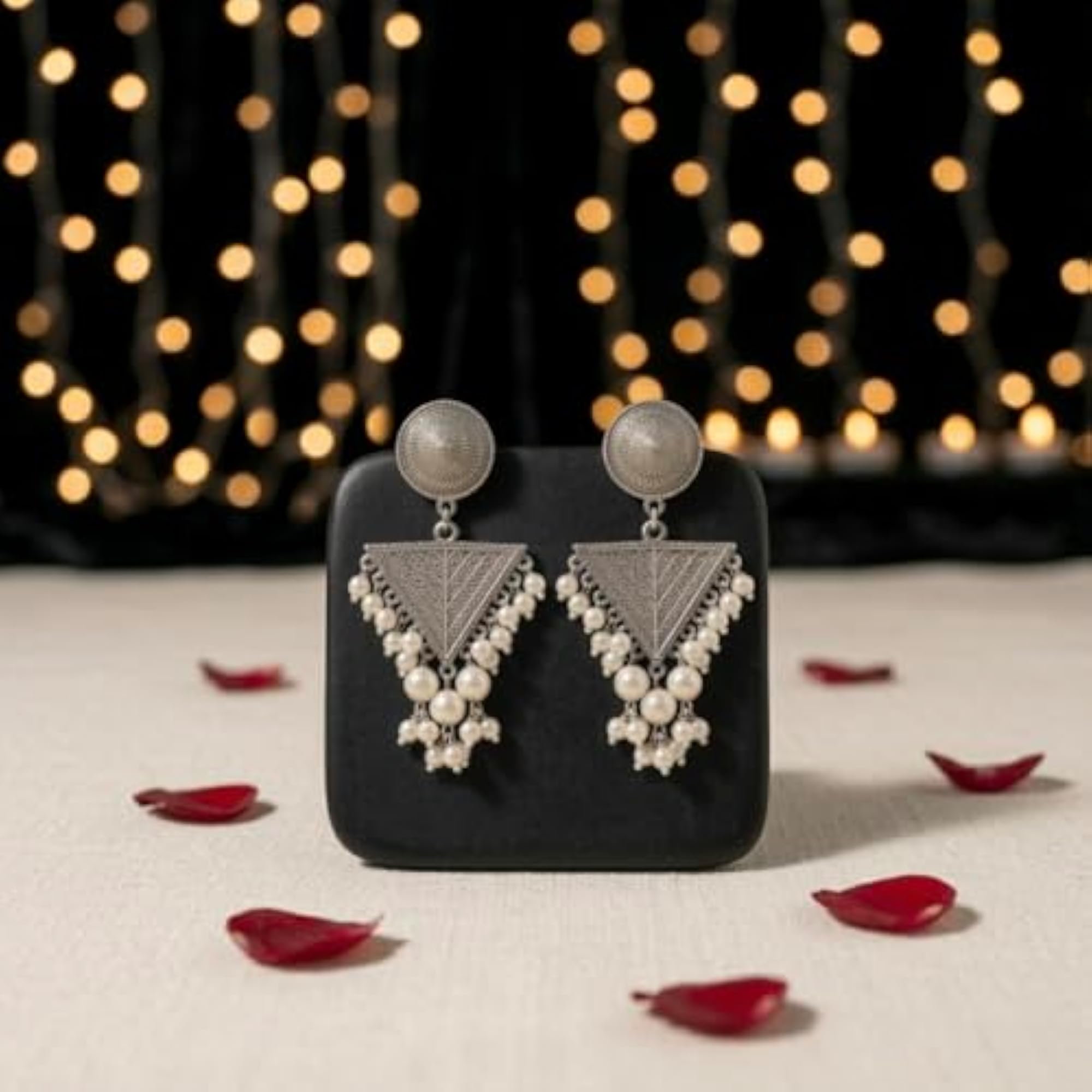 Oxidised Statement Drop Earrings with Pearl Dangles