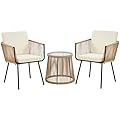 Yaheetech 3 Piece Patio Rattan Bistro Set, Outdoor All Weather PE Wicker Conversation Furniture Set with 2 Chairs & Tempered Glass Top Table & Cushions, for Poolside/Porch/Garden/Yard, Tan/Cream