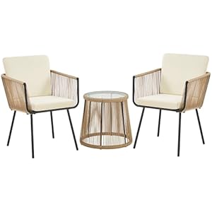Yaheetech 3 Piece Patio Rattan Bistro Set, Outdoor All Weather PE Wicker Conversation Furniture Set with 2 Chairs & Tempered Glass Top Table & Cushions, for Poolside/Porch/Garden/Yard, Tan/Cream