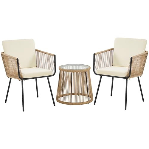 Yaheetech 3 Piece Patio Rattan Bistro Set, Outdoor All Weather PE Wicker Conversation Furniture Set with 2 Chairs & Tempered Glass Top Table & Cushions, for Poolside/Porch/Garden/Yard, Tan/Cream