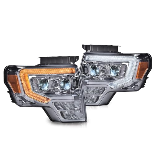 Image of GRAND ORANGE LED Tube Headlights Assembly, Compatible with 2009-2014 Ford F150 LED Tube Dual Projector Headlights Assembly with Switchback(Smoky lens Chrome Housing Amber Reflector)