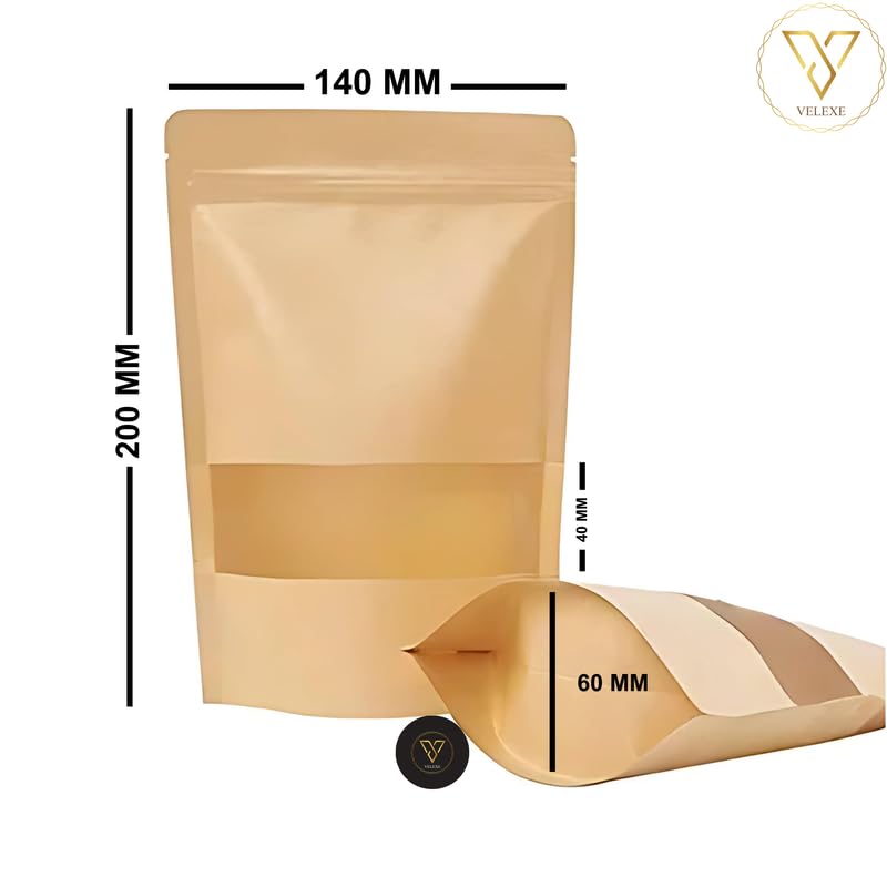 Image of Brown Kraft Paper Zip Lock Stand Up Storage Pouches | 140mm*200mm | 250 Grams | Pack of 50 | Reusable & Airtight Storage Pouches with Transparent Rectangle Window & Self Sealing Technology