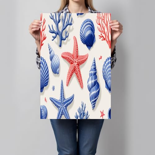 Póster de conchas y estrellas de mar coral en lienzo de 60x80 cm sin marco para salón, color rojo