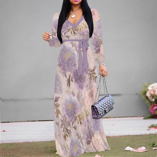 Image of PinkPatty Women's Long Sleeve Maxi Dress Plus Size Trendy Wedding Guest Wrap Dress with Pockets&Belt