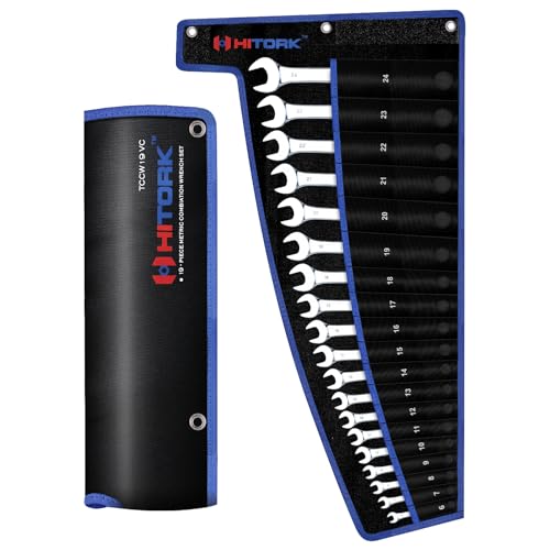 HITORK 19 Piece Metric Combination Wrench Set (624mm) Cr-V Steel Mirror Chrome Finish 12-Point Box End 15 Offset Roll-Up Pouch Durable Open End Wrench Set for Home Garage & Auto Repair