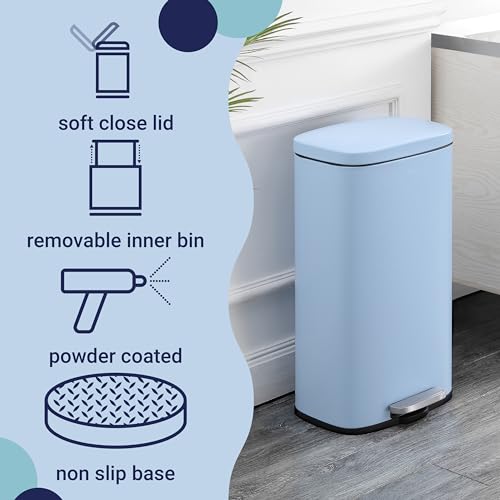 Image of happimess Curtis 8 Gal Step Trash Can Soft Close 25 inch, Tide Pool Blue | Iron Construction, Satin Finish, Removable Liner, Steel Pedal, 20 Trash Bags Included, Kitchen Office Bin