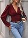 GORGLITTER Women's Ruched Deep V Neck Button Front Smock Lantern Sleeve Crop Top Blouses Burgundy Large